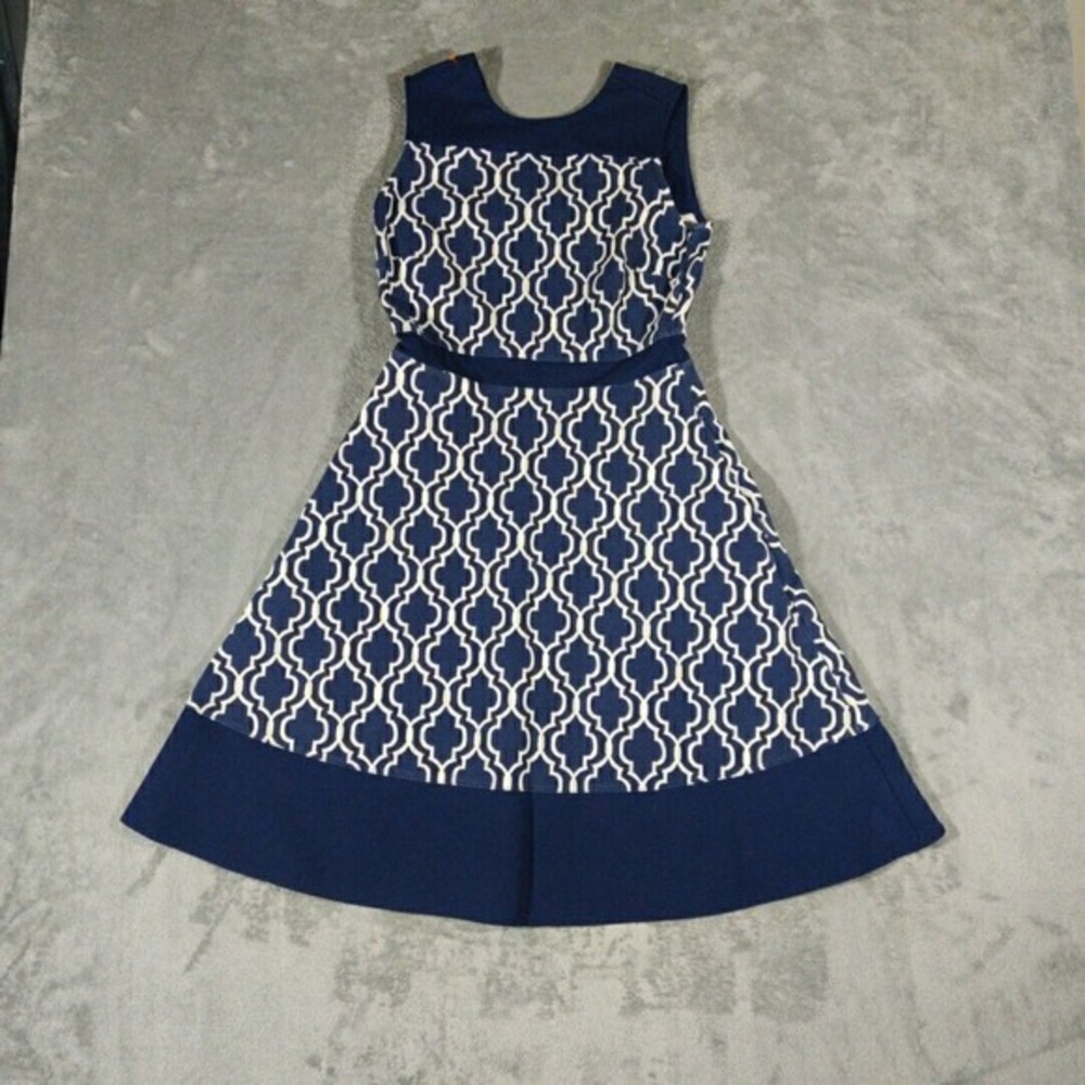 Lands End Dress Womens 2P Blue Fit &‎ Flare Petite Quatrefoil Print Classicore